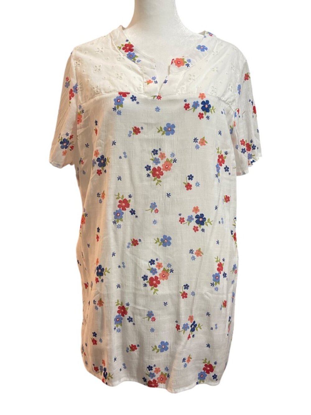 White Floral Eyelet Embellished Lined Short-Sleeve Casual Blouse Top EUC